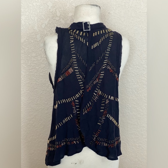 Free People Navy Blue Sleeveless Gauze Top with Beadwork and Open Back - Picture 6 of 8